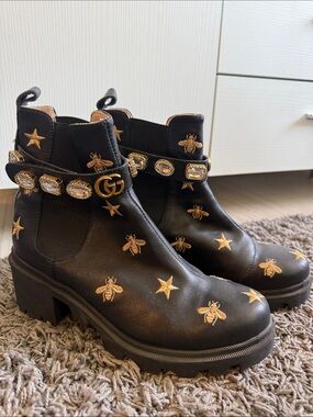 Black Leather Embroidered Bee & Star Ankle Boots